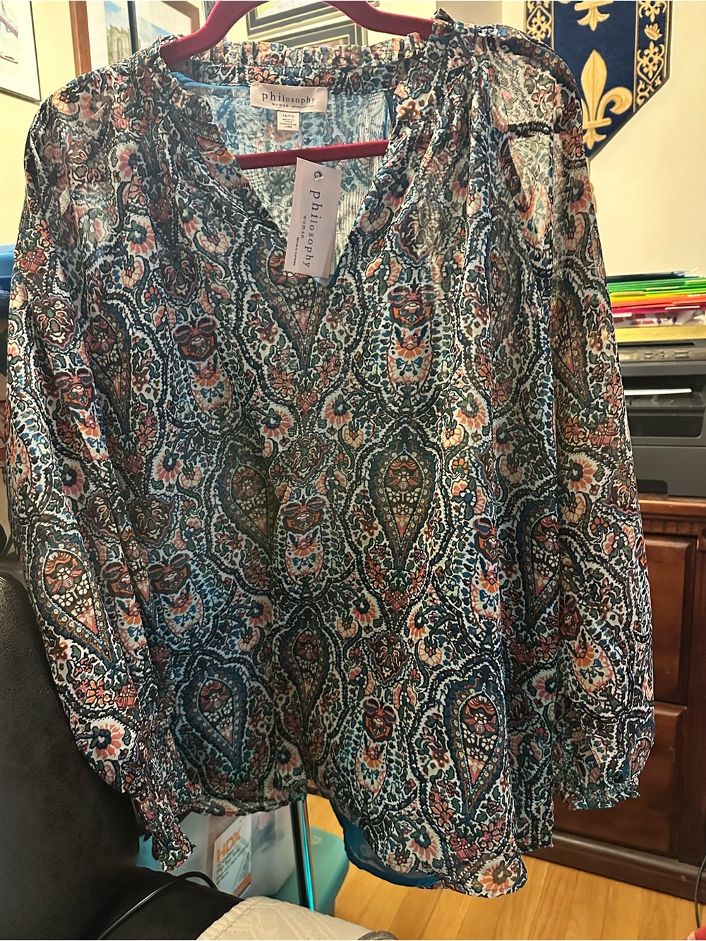 Philosophy Multicolor Paisley V-Neck Blouse in Blue and Rust